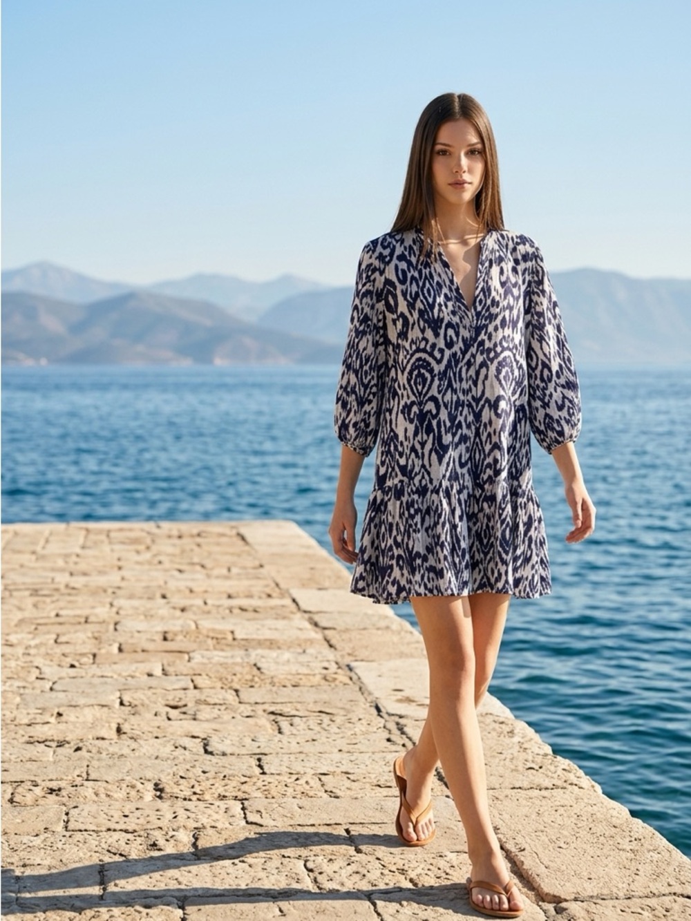 Rachel Zoe Navy and White Long Sleeve Printed Tunic Dress